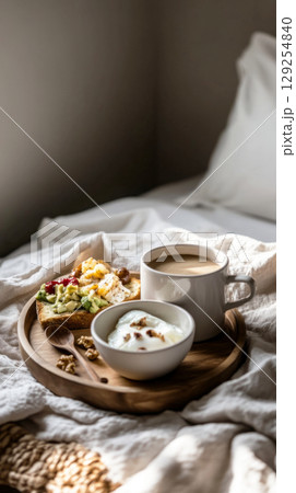 Savoring a delightful breakfast in bed featuring sunny-side-up eggs, fresh berries, and hot coffee on a cozy, lazy morning wrapped in soft blankets 129254840