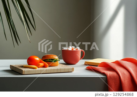 A cozy breakfast setting features a colorful towel, a cup of warm drink topped with marshmallows, and a plate of fresh fruit, all illuminated by soft morning light A cozy breakfast setting features a colorful towel, a cup of warm drink topped with marshmallows, and a plate of fresh fruit, all illuminated by soft morning light 129254868