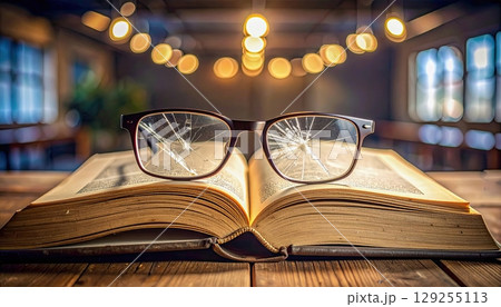 A book with a pair of glasses on top of it. The glasses are broken and the book is open to a page with a blurry background A book with a pair of glasses on top of it. The glasses are broken and the book is open to a page with a blurry background 129255113