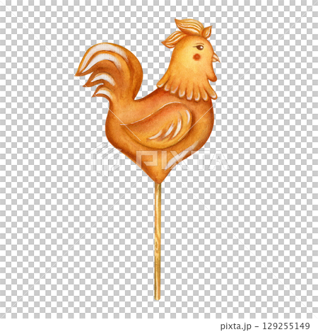 Lollipop in form of cockerel. Cockerel candy. Cockerel on a stick. Russian rooster. Watercolor illustration hand drawn on a transparent background Lollipop in form of cockerel. Cockerel candy. Cockerel on a stick. Russian rooster. Watercolor illustration hand drawn on a transparent background 129255149