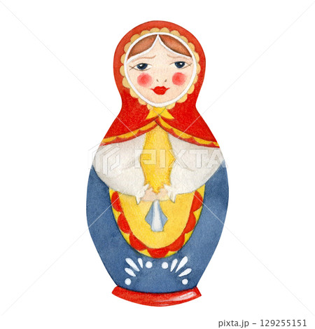 Watercolor illustration of a matryoshka doll in a red headscarf, yellow apron and blue skirt embodies the spirit of Russian culture. Isolated on transparent background, hand drawn Watercolor illustration of a matryoshka doll in a red headscarf, yellow apron and blue skirt embodies the spirit of Russian culture. Isolated on transparent background, hand drawn 129255151