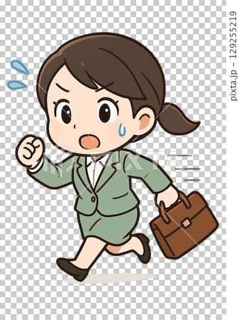 慌てた様子でバッグを持って急いで走っているスーツ姿のビジネスウーマン 129255219