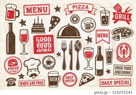 Vintage style restaurant icon set in grunge ink stamp texture. Includes food, drinks, labels, and signage. Perfect for menus, branding, and print design. Vector illustration. Isolated on background. 129255241