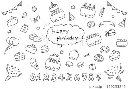 手書き風でかわいい線画の誕生日素材　ハッピーバースデー 129255243
