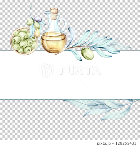 Exploring the beauty of olives and olive oil in watercolor with a touch of Italian cuisine frame, border, arrangement 129255433