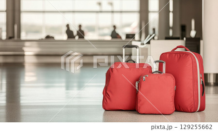 Luggage in modern airport terminal with bright natural lighting, background with copy space Luggage in modern airport terminal with bright natural lighting, background with copy space 129255662