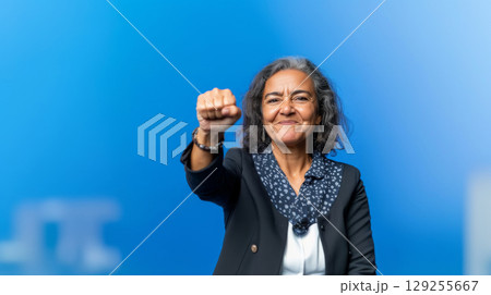 Middle aged latin american woman with raised fist symbolizing empowerment, strength and women solidarity, International Womens Day concept 129255667