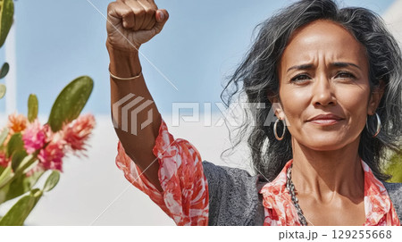 Middle aged latin american woman with raised fist of empowerment, strength and women solidarity, International Womens Day concept 129255668