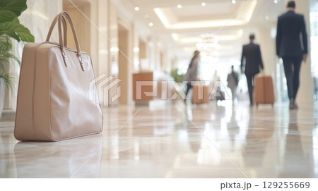 Suitcases in hotel lobby illustrating travel and vacation concept 129255669
