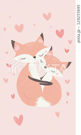 Cute fox couple embracing surrounded by hearts background, St Valentines Day postcard 129255695