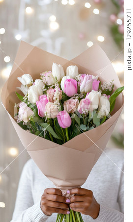 Bouquet of white and pink flowers held by African American woman outdoors 129255711