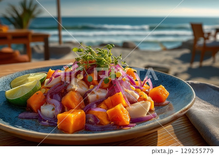 Fresh Peruvian ceviche served beachside with ocean in background 129255779