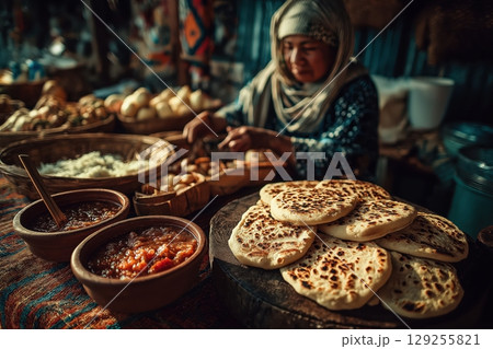 Salvadoran woman flips pupusas beside curtido and salsa in marketplace 129255821