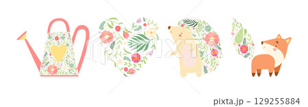 Animal with Floral Ornament as Spring Season Vector Set 129255884