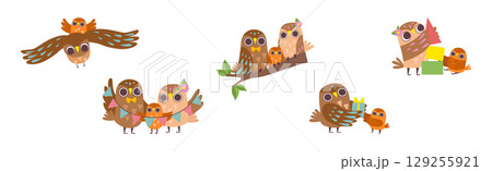 Happy Owl Family with Father, Mother and Baby Vector Set Happy Owl Family with Father, Mother and Baby Vector Set 129255921