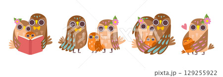 Happy Owl Family with Father, Mother and Baby Vector Set Happy Owl Family with Father, Mother and Baby Vector Set 129255922