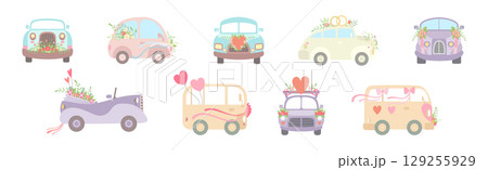Wedding Car Transport with Flower Bouquet, Ribbon and Heart Vector Set 129255929