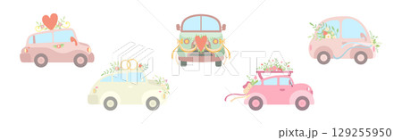Wedding Car Transport with Flower Bouquet, Ribbon and Heart Vector Set 129255950
