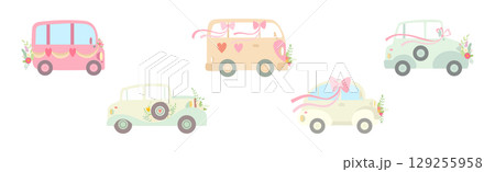 Wedding Car Transport with Flower Bouquet, Ribbon and Heart Vector Set Wedding Car Transport with Flower Bouquet, Ribbon and Heart Vector Set 129255958
