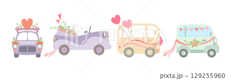 Wedding Car Transport with Flower Bouquet, Ribbon and Heart Vector Set 129255960