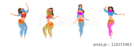 Beautiful Eastern Girls Dancing Belly Dance Vector Set 129255963