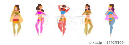 Beautiful Eastern Girls Dancing Belly Dance Vector Set 129255964