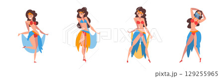 Beautiful Eastern Girls Dancing Belly Dance Vector Set 129255965