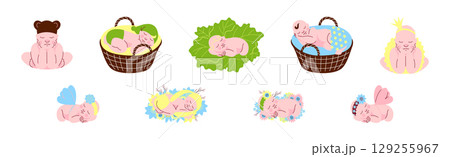 Cute Sleeping Newborn Baby Cuddle and Curled Vector Set 129255967