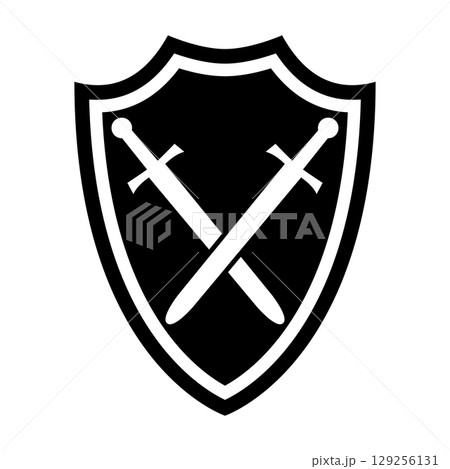 Shield and Crossed Swords Emblem. Silhouette Vector Illustration. Within the shield, two crossed swords create a striking symbol of defense and valor. Shield and Crossed Swords Emblem. Silhouette Vector Illustration. Within the shield, two crossed swords create a striking symbol of defense and valor. 129256131