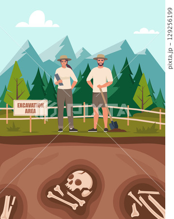 Scene with man and woman archaeologists working on excavation, skeletons of dinosaurs, various ancient object. Vector illustration. Archeology, scientific discoveries. 129256199