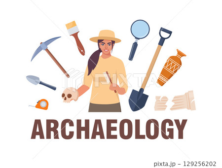 Archaeological tools and finds set. Brushes instruments for excavating historical treasures. Vector illustration. Archaeological tools and finds set. Brushes instruments for excavating historical treasures. Vector illustration. 129256202