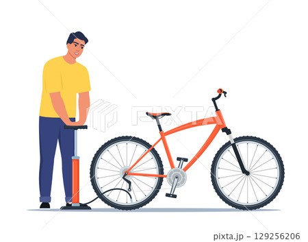 Man pumps a bicycle wheel. Broken wheel needs repair. Bike repair. Vector concept illustration. 129256206