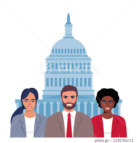 Government officials and national public building workers. Democratic community labor work in federal house. Clever officials at government building and employees. Vector illustration. Government officials and national public building workers. Democratic community labor work in federal house. Clever officials at government building and employees. Vector illustration. 129256211