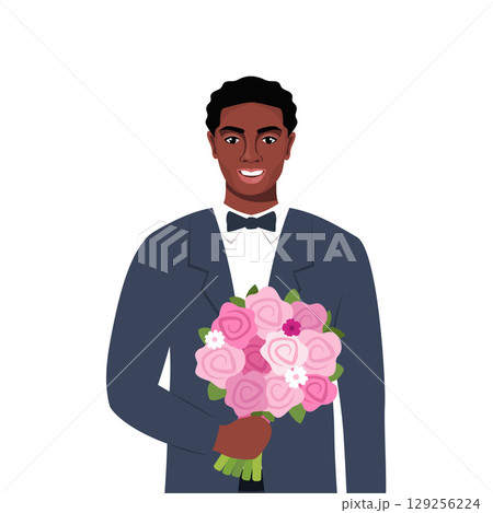 Smiling man holding flower bouquet. Man walk on dating with girl, meet someone. Vector Illustration 129256224