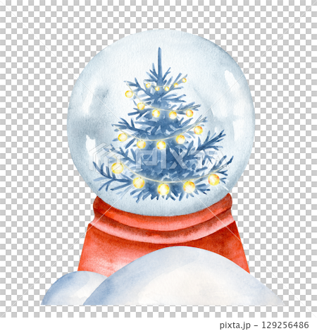 A Christmas snow globe with a Christmas tree and a garland in a snowdrift of white snow. Festive watercolor illustration on a white isolated background. 129256486