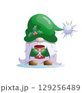 Christmas elf gnome holding warm drink in red cup, vector illustration 129256489