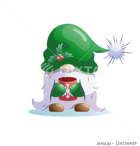 Christmas elf gnome holding warm drink in red cup, vector illustration Christmas elf gnome holding warm drink in red cup, vector illustration 129256489