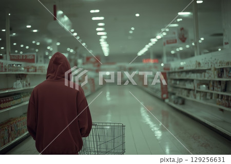 Man in Hoodie Walks Through Empty Grocery Aisles Beneath Cold Fluorescent Lights 129256631