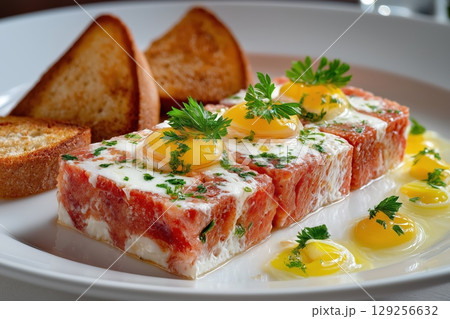 Scorpionfish Terrine Sliced on White Platter with Mayonnaise, Egg, and Toast 129256632