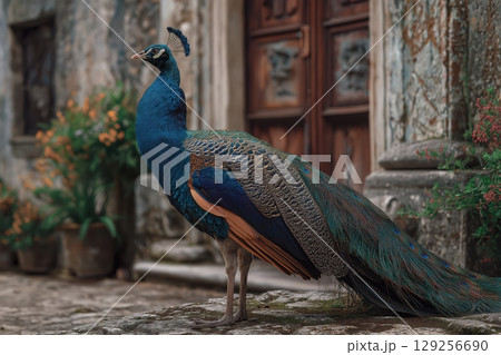 Elegant peacock fans brilliant feathers in sunlit courtyard of aged stone 129256690