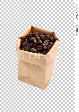 Fresh coffee beans overflowing from brown paper bag, aromatic arabica beans isolated on transparent background 129256697