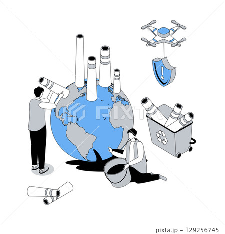 Ecology 3d isometric concept with isometry people design for web. Eco friendly volunteers trying to stop of industry emissions and pollution, recycling waste, protecting nature. Vector illustration 129256745
