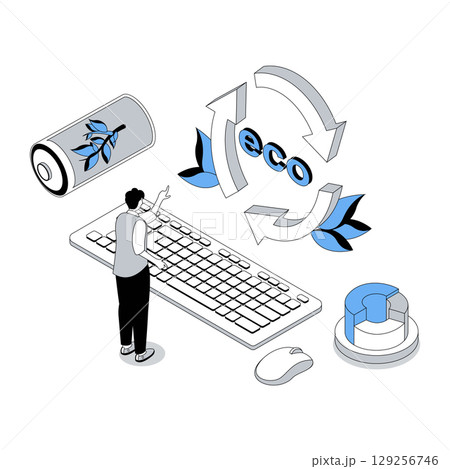 Ecology 3d isometric concept with isometry people design for web. Man using green clean electricity and alternative power resource, rechargeable battery and renewable resource. Vector illustration 129256746