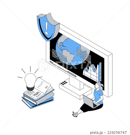 Ecology 3d isometric concept with isometry people design for web. Woman learning environmental issues, taking care of Earth planet and nature, and trying to stop of climate change. Vector illustration 129256747