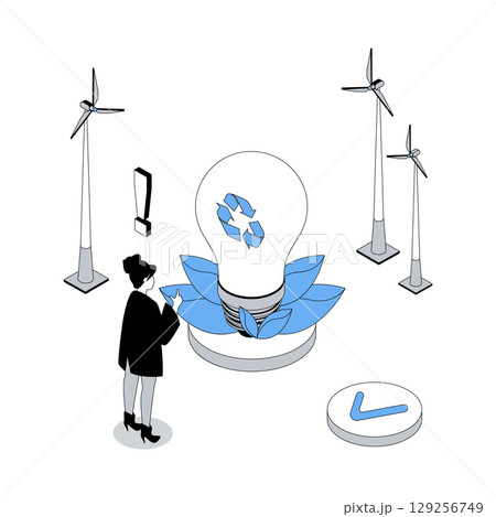 Ecology 3d isometric concept with isometry people design for web. Woman using eco friendly light bulbs, clean electricity and alternative power resource from wind turbines. Vector illustration Ecology 3d isometric concept with isometry people design for web. Woman using eco friendly light bulbs, clean electricity and alternative power resource from wind turbines. Vector illustration 129256749