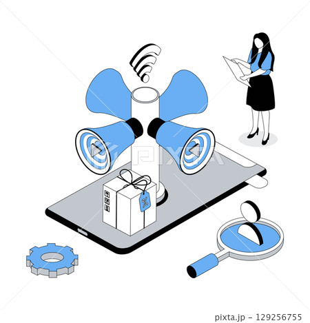 Digital marketing 3d isometric concept with isometric people design for web. Woman making advertising campaign, creating loyalty program with gifts sharing for client attracting. Vector illustration 129256755