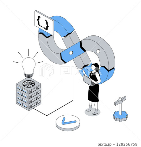 DevOps 3d isometric concept with isometry people design for web. Administrator monitoring products development, development operations technology, agile coding operation, teamwork. Vector illustration DevOps 3d isometric concept with isometry people design for web. Administrator monitoring products development, development operations technology, agile coding operation, teamwork. Vector illustration 129256759
