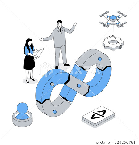 DevOps 3d isometric concept with isometry people design for web. Team programming and working, using agile coding operation and administration in products development cycle. Vector illustration DevOps 3d isometric concept with isometry people design for web. Team programming and working, using agile coding operation and administration in products development cycle. Vector illustration 129256761