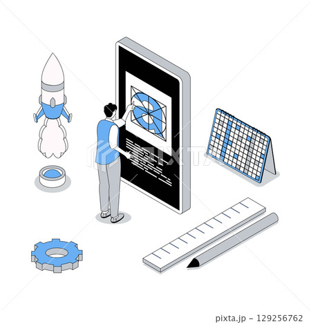 Designer studio 3d isometric concept with isometry people design for web. Illustrator working with typeface at mobile screen, creating visual project and releasing new product. Vector illustration 129256762