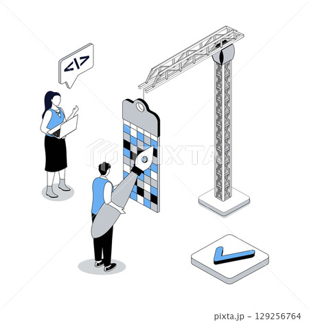 Designer studio 3d isometric concept with isometry people design for web. Illustrators team drawing digital content with pencil, working with colours swatch, coding software. Vector illustration 129256764
